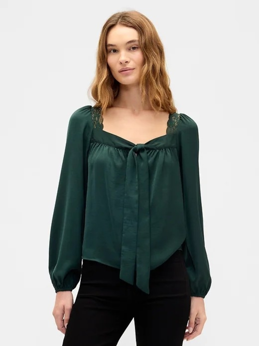 NWT Gap Emerald Green Long-Sleeve Tie Neck Blouse. Size Med.